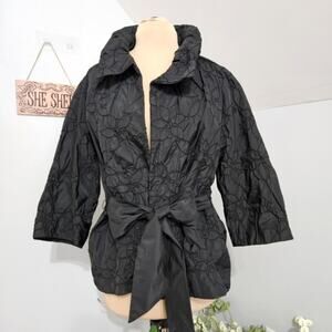 Flores & Flores Womens Quilted Belted Jacket Black 3/4 Sleeve Shawl Collar 10